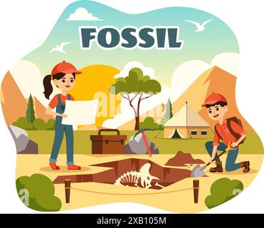 Illustration vectorielle fossile d'archéologues découvrant des squelettes de dinosaures lors de fouilles, représentée dans un fond de dessin animé plat Illustration de Vecteur
