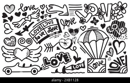 Ensemble vectoriel d'éléments de mariage dessinés à la main. Ensemble d'éléments ornementaux de style de mariage. Flèches, cœur, texte, drapeau et autre Illustration de Vecteur