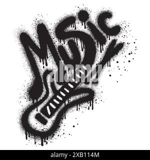 Guitare dans le style graffiti urbain avec texte de musique spray peint en noir. illustration vectorielle. Illustration de Vecteur