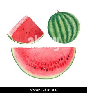 Pastèque entière, tranchez rouge et juteux avec quelques graines. Ensemble aquarelle isolé sur fond blanc, dessiné à la main pour la conception alimentaire. Paquets, jus Banque D'Images