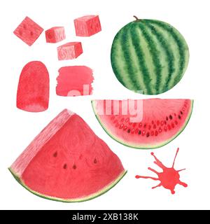 Pastèque entière, en tranches, en cubes laver rouge et juteux avec quelques graines. Ensemble aquarelle isolé sur blanc, dessiné à la main pour la conception de nourriture. Paquets, jus Banque D'Images