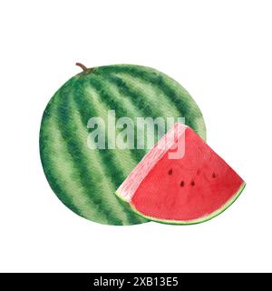 Pastèque entière, tranche juteuse avec quelques graines. Composition d'aquarelle isolée sur fond blanc, dessinée à la main pour la conception alimentaire. Paquets, jus Banque D'Images