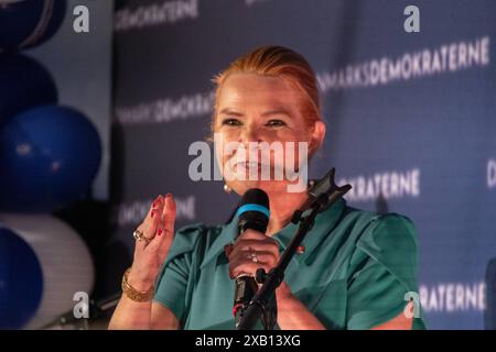 Inger Stojberg, présidente des Démocrates danois, prononce un discours devant ses partisans lors d'un parti électoral pour les élections du Parlement européen, à Copenhague, Danemark, le dimanche 9 juin 2024 Copenhague Christiansborg Danemark Copyright : xKristianxTuxenxLadegaardxBergx 2E6A1731 Banque D'Images