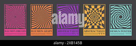 Affiches brutalistes. Formes graphiques modernes de marque. Imprimé technique tendance avec illustrations géométriques et typographie. Illusion d'optique. Trou en spirale rayé. Checker Illustration de Vecteur