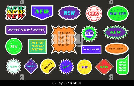 Nouveaux autocollants. Étiquette, icône de produit pour la forme de bannière de vente, signe de prix réduit ou offre de ruban avec des coins arrondis. Badges colorés lumineux de différentes formes. Emblème moderne de promotion du produit. Ensemble de vecteurs Illustration de Vecteur