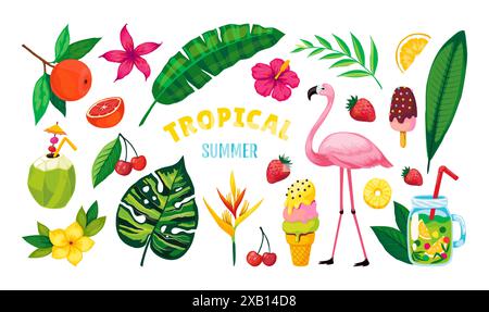 Plage d'été. Voyage à Hawaï. Parti des Caraïbes. Flamant rose exotique. Fruits tropicaux pour verre à cocktail. Crème glacée. Fleurs d'Aloha et ananas. Les éléments de vacances d'été de vecteur définissent des feuilles de palmier Illustration de Vecteur