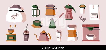 Tasse à café. Logo Cafe doodle, machine à lait et expresso, magasin de haricots ou cafétéria, tasse pour le menu. Espresso et cappuccino. eléments géométriques contemporains isolés. Icônes de machine à café de conception vectorielle Illustration de Vecteur