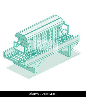 Wagon-trémie isométrique sur le pont. Objet isolé sur fond blanc. Chemin de fer. Wagon de marchandises pour le transport en commun du ciment, du grain et d'autres marchandises en vrac. Illustration de Vecteur