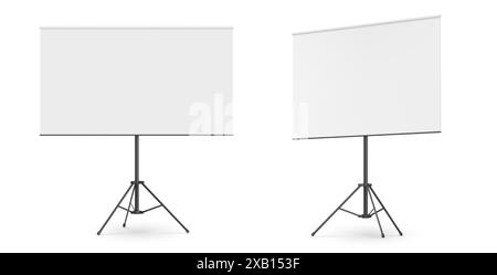 Trépied métallique noir avec tableau blanc pour la présentation. Maquette vectorielle 3D réaliste du tableau à feuilles vierges sur le support en métal pour le séminaire d'affaires et d'éducation. modèle d'écran de projecteur portable vide. Illustration de Vecteur