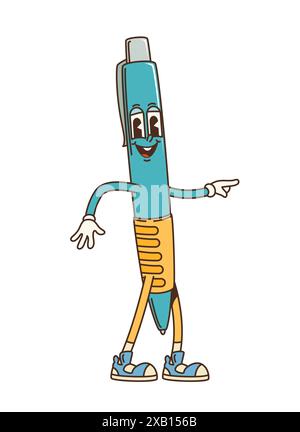 Personnage de stylo groovy rétro, papeterie funky vecteur de dessin animé isolé, outil d'écriture, avec un sourire charmant et des vibrations décontractées. Personnage éducatif ou créatif d'école et de bureau dans le style y2k Illustration de Vecteur