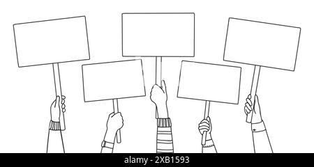 Protestez contre les mains de démonstration avec des bannières et un panneau. Dessin vectoriel de plusieurs armes tenant des pancartes vierges, suggérant une scène de protestation ou de plaidoyer, véhiculant l'activisme ou l'expression publique Illustration de Vecteur