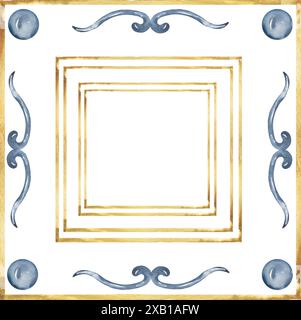 Illustration de carreaux d'aquarelle, clipart de carreaux Azulejos, composition florale bleue et jaune Banque D'Images