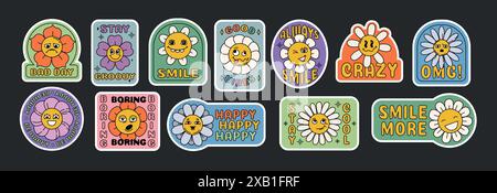 Autocollant de fleurs de Marguerite groovy de vecteur avec des visages. Personnages de fleurs funky avec différentes émotions et slogan. Patchs de jolies camomilles fleuries dans un style rétro plat tendance. Paquet d'étiquettes florales hippie drôle Illustration de Vecteur