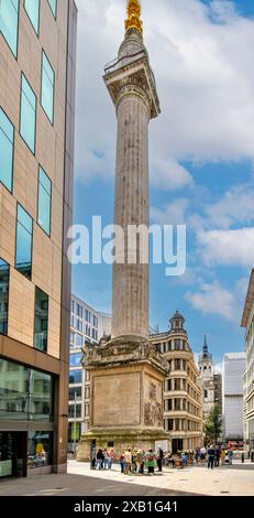 Monument au Grand incendie de Londres debout dans Monument Square avec un groupe de touristes Banque D'Images