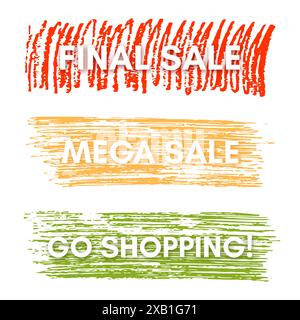 Vente finale, Mega Sale, Go sopping. Ensemble de trois bannières sur les taches peintes colorées. Illustration vectorielle Illustration de Vecteur