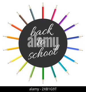 Un ensemble de crayons multicolores placés dans un cercle et une inscription de retour à l'école. Illustration vectorielle Illustration de Vecteur