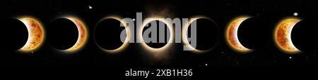 Univers, système solaire avec lune en éclipse étapes sur ciel sombre, étoiles et soleil avec lumière naturelle. Galaxie, monde et découvrir à explorer sur l'espace extra-atmosphérique Banque D'Images