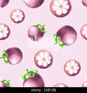 Motif sans couture de mangoustan violet. Illustration de fruits à l'aquarelle tropicale isolée sur fond. Pour les concepteurs, décoration de spa, cartes postales, mariage, Banque D'Images