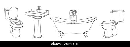 Dessin à la main avec éléments sanitaires : baignoire, lavabo et toilettes sur pied. Ensemble d'articles de bain et d'hygiène. Banque D'Images