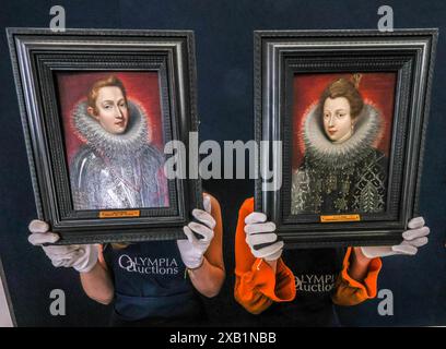 Olympia Auctions, Londres, Royaume-Uni. 10 juin 202. Portraits de Philippe III d'Espagne et de son épouse Marguerite d'Autriche, tous deux huile sur panneau est £3 000-5.000 sur offre aux enchères Olympia le 12 juin 2024. Crédit : Paul Quezada-Neiman/Alamy Live News Banque D'Images