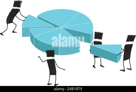 Plusieurs figures de bâton travaillent ensemble pour créer un graphique à secteurs. Illustration de Vecteur