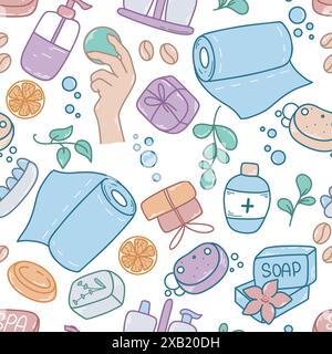 Articles d'hygiène dessin coloré dans un modèle sans couture de style esquisse. Pots avec shampooing, gel douche, pain de savon, lotion, gommage, fond de bulles de savon Illustration de Vecteur