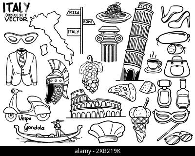 Ensemble dessiné à la main de doodle voyage en Italie définir le contour de voyage doodle Tourisme et les icônes d'aventure estivale dans le style noir blanc isolé sur fond blanc Illustration de Vecteur