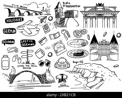 Ensemble dessiné à la main de doodle voyage en Allemagne définir le contour de voyage doodle Tourisme et les icônes d'aventure estivale dans le style noir blanc isolé sur fond blanc Illustration de Vecteur