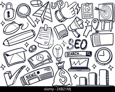 Dessiné à la main d'autocollants de marketing numérique dans le style noir et blanc. Illustration vectorielle de concept de marketing et de vente isolée sur fond blanc. Illustration de Vecteur
