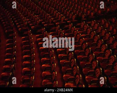 Rangées de fauteuils de théâtre rouges et en peluche dans un auditorium vide Banque D'Images