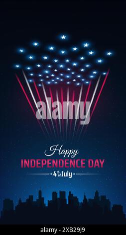 Bannière 4 juillet jour de l'indépendance des états-unis. Feux d'artifice du drapeau américain au-dessus du paysage urbain. 4 juillet. Affiche avec , amer Illustration de Vecteur
