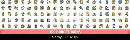 100 icônes de budget définies. Ensemble de ligne de couleur d'icônes de vecteur de budget couleur de ligne mince plat sur blanc Illustration de Vecteur