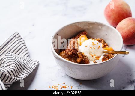 Portion de cordonnier de pêche avec une boule de crème glacée dans un bol, fond de marbre blanc. Banque D'Images