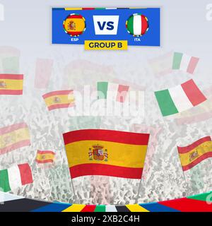 Les fans de football acclament avec des drapeaux pour le match entre l'Espagne et l'Italie. Illustration sportive pour la compétition de football en Europe. Modèle vectoriel. Illustration de Vecteur