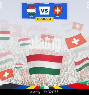 Les fans de football acclament avec des drapeaux pour le match entre la Hongrie et la Suisse. Illustration sportive pour la compétition de football en Europe. Vector templat Illustration de Vecteur