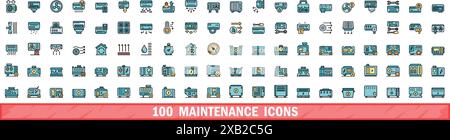 100 icônes de maintenance définies. Ensemble de lignes de couleur d'icônes de vecteur de maintenance couleur de ligne mince plat sur blanc Illustration de Vecteur