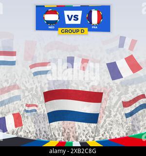 Les fans de football acclament avec des drapeaux pour le match entre les pays-Bas et la France. Illustration sportive pour la compétition de football en Europe. Modèle vectoriel Illustration de Vecteur