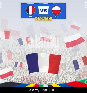 Les fans de football acclament avec des drapeaux pour le match entre la France et la Pologne. Illustration sportive pour la compétition de football en Europe. Modèle vectoriel. Illustration de Vecteur