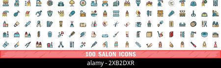 ensemble de 100 icônes de salon. Ensemble de ligne de couleur d'icônes vectorielles de salon couleur de ligne mince plat sur blanc Illustration de Vecteur