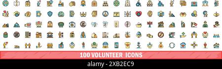 ensemble de 100 icônes de volontaires. Ensemble de lignes de couleur d'icônes vectorielles volontaires couleur de ligne mince plat sur blanc Illustration de Vecteur