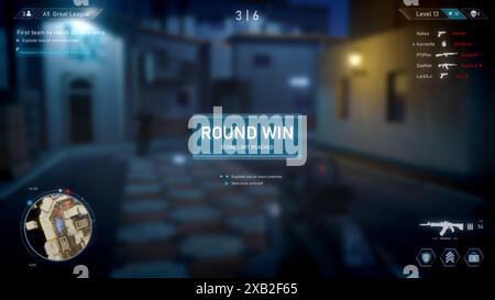 Concept de Mock-up de jeu vidéo de nuit : jeu de jeu de tireur 3D multijoueur. FPS amusants pour les joueurs professionnels. Personne POV jouant, Scoring Kills, Winning Round Screen. Tournoi en ligne Cyber Championship Banque D'Images