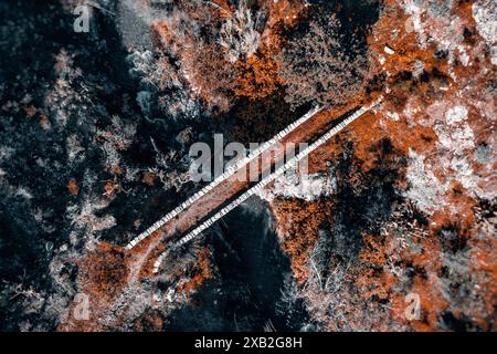 Vue aérienne d'un pont médiéval en pierre sur un terrain accidenté. Village d'Akapnou, district de Limassol, Chypre Banque D'Images