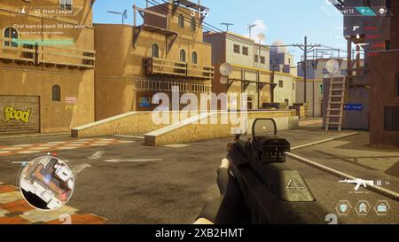 Concept de maquette de jeu vidéo : jeu jouer 3D Shooter bataille multijoueur en ligne. FPS pour Pro Gamers. Personne POV jouant, tirant sur les ennemis, Scoring Kills. Tournoi en ligne Cyber Championship Banque D'Images