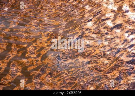 Une image abstraite mettant en vedette les reflets fascinants de la lumière du soleil sur l'eau de l'océan, créant des motifs complexes et de riches teintes dorées qui évoquent un sens Banque D'Images