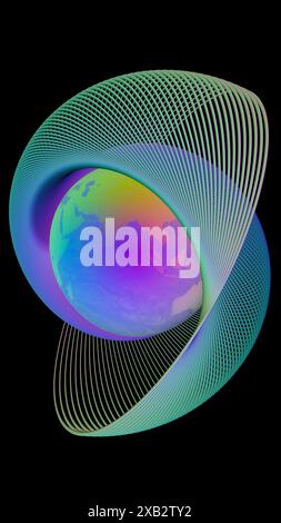 Une illustration mettant en vedette une Terre irisée enveloppée par un motif vibrant de fleurs de géométrie sacrée, démontrant le style GeoModule Banque D'Images