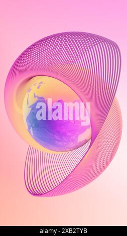 Illustration colorée d'un GeoModule - Sacred Geometry Flower enveloppant un globe avec un dégradé lisse, placé sur un fond rose vif Banque D'Images