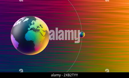 Une représentation vibrante et surréaliste de la Terre avec sa Lune mettant en valeur le concept GeoModule sur une toile de fond de gradient, soulignant la beauté et la com Banque D'Images
