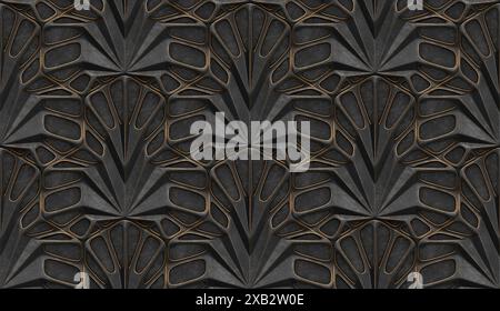Cette image présente un motif homogène et symétrique de formes géométriques métalliques, principalement dans des tons de brun foncé et d'or, serrées sur un mat Banque D'Images