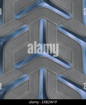Cette image présente un motif sans couture de formes géométriques bleues et grises imbriquées, présentant un design abstrait visuellement intrigant qui imite un Banque D'Images