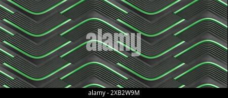 Cette image présente un design géométrique 3D répétitif composé de lignes vertes et noires imbriquées, idéal pour une utilisation comme arrière-plan ou texture en vari Banque D'Images